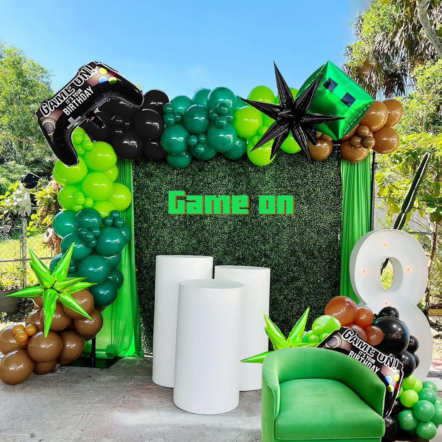 Video Game Balloon Garland Kit 135Pcs Green And Black Brown Controller Balloon Arch Gamer Night Decorations For Boy Minecraft Birthday Party Supplies