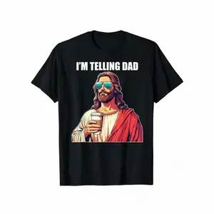 Funny Coffee Jesus T-Shirt | Cotton "I’m Telling Dad" Graphic Tee, Religious Humor, Meme Culture, Men's Casual Shirt, Trendy Humor Top