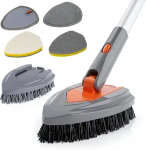4-in-1 Long Handle Tub & Shower Scrubber, Bathroom Cleaning Brush with Extendable Handle for Tub, Tile, Floor & Shower Cleaning