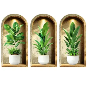 3-piece set, Nordic green plant themed simulated arched window flower basin wall sticker, self-adhesive removable decorative sticker, Vinyl Wall Stickers, suitable for wall decoration in living rooms, dining rooms, and study rooms, Versatile Use