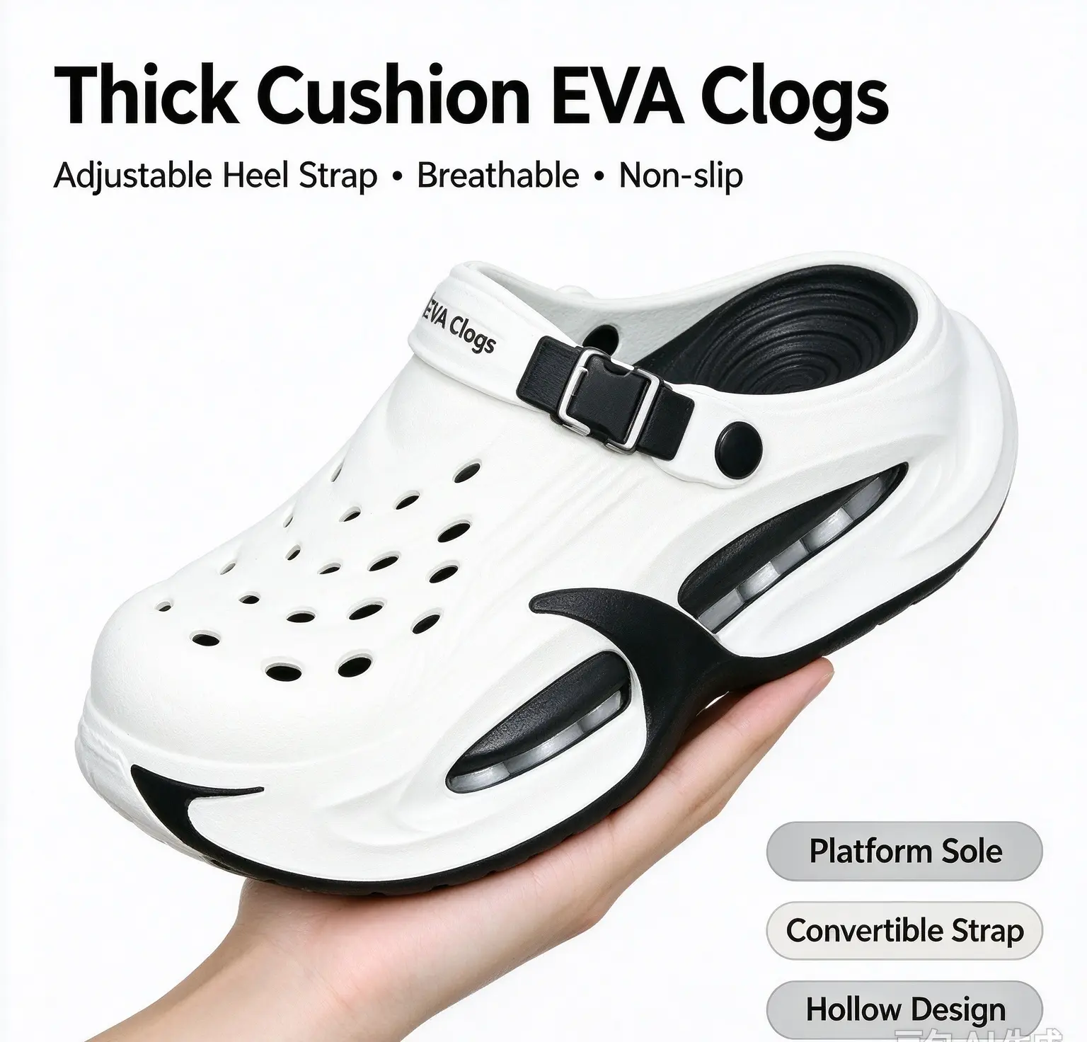 Women's Platform Clogs - Thick-Sole Height-Increasing Footwear, Adjustable Heel Strap, Anti-Slip Walking Shoes, Lightweight EVA Slide, Breathable Outdoor Beach House Shoes