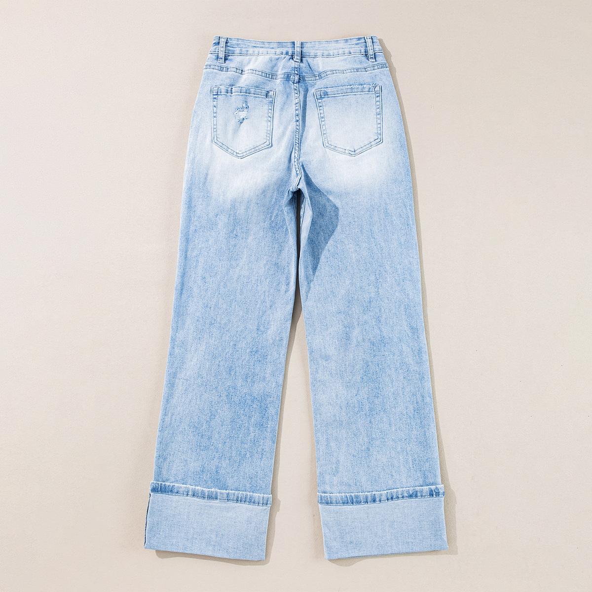 Beau Blue Light Wash Distressed Women's Wide Leg Flare Jeans 90s Inspired Vintage Style Denim 93% Cotton 5% Polyester 2% Elastane - Womenswear, Pants, Minimalist