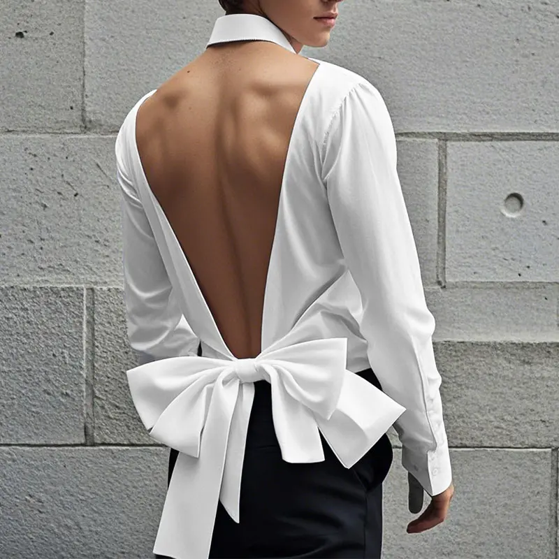 INCERUN Fashion Men Buttons Long Sleeve Backless Bow Knot Lace-Up Party Club Blouse Holiday Casual Loose Solid Shirt Tops