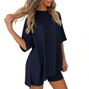 Women's Summer 2 Piece Pajama Set, Crew Neck Loose Split Hem Short Sleeve & Side Pocket Shorts, Casual Soft Comfy Lounge Wear,  Homewear