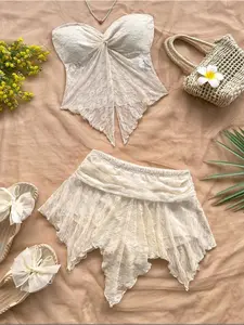 Sweet Pure Lace Mesh Crop Top, Twist Design Knot, Irregular Split Hem A-Line Skirt Set, Two-Piece for Women