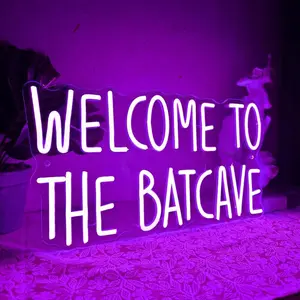 Halloween Bat Neon Signs Welcome to the Batcave Neon Signs for Wall Decor, Dimmable Gotham Business Signs Suitable for Man Cave Bar Kids Movie Room Party Gifts