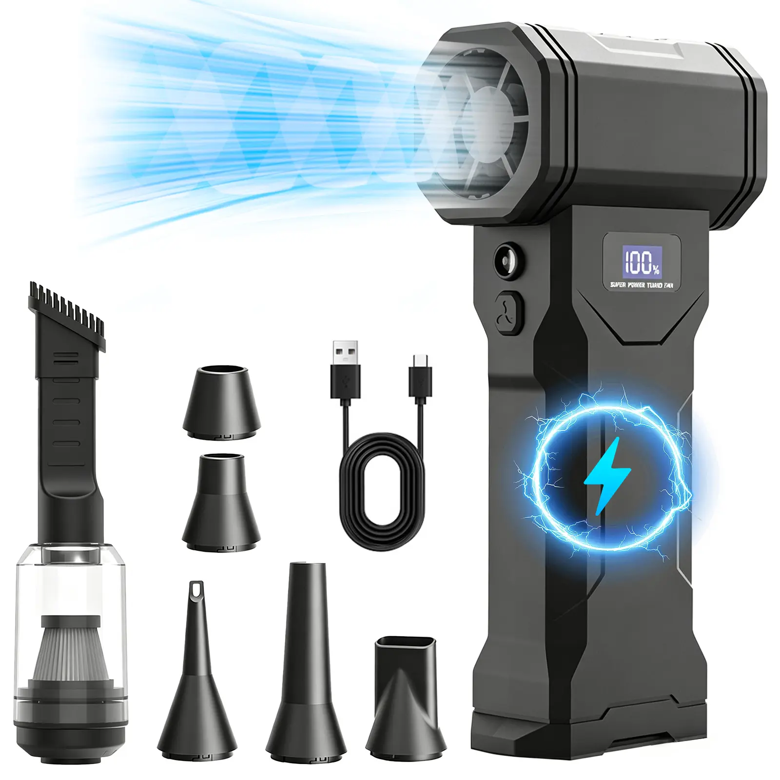 150,000 RPM 2-in-1 Air Duster & Vacuum, Powerful Cordless Electric Air Blower with Brushless Motor, 6 Nozzles & 4-Speed Control for Car, PC, Keyboard, Home Cleaning
