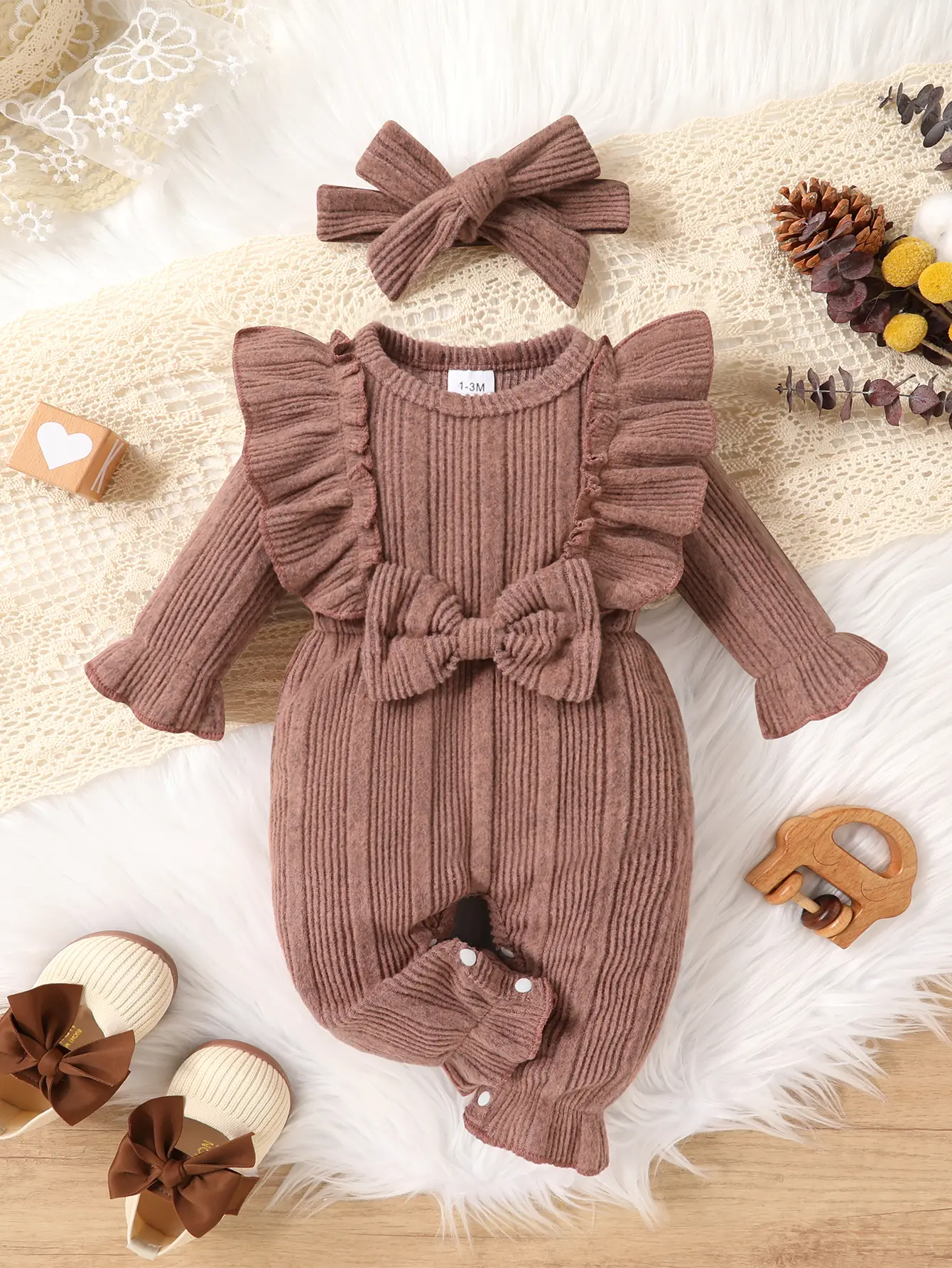 Baby Girl Clothes Solid Color Bodysuit Set - Soft Polyester Jumpsuit with Buttons, Front Bow, Ruffles & Matching Headband - Breathable, Daily Wear Essential, Polyester Clothes, Long Sleeve, Sweet, Fitted