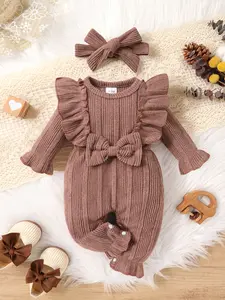 Adorable Baby Girl Set - Soft Comfortable Jumpsuit with Front Bow & Ruffle Details & Matching Headband - Breathable Clean Color - Perfect for Daily Wear