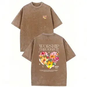 Women's Round Neck Short-Sleeve Breathable Fit T-Shirt - Vintage Washed Floral Heart Style, Worship Through It John 4:23 summerwins,summerwins,summeroutfits,vacationoutfits,beachoutfits