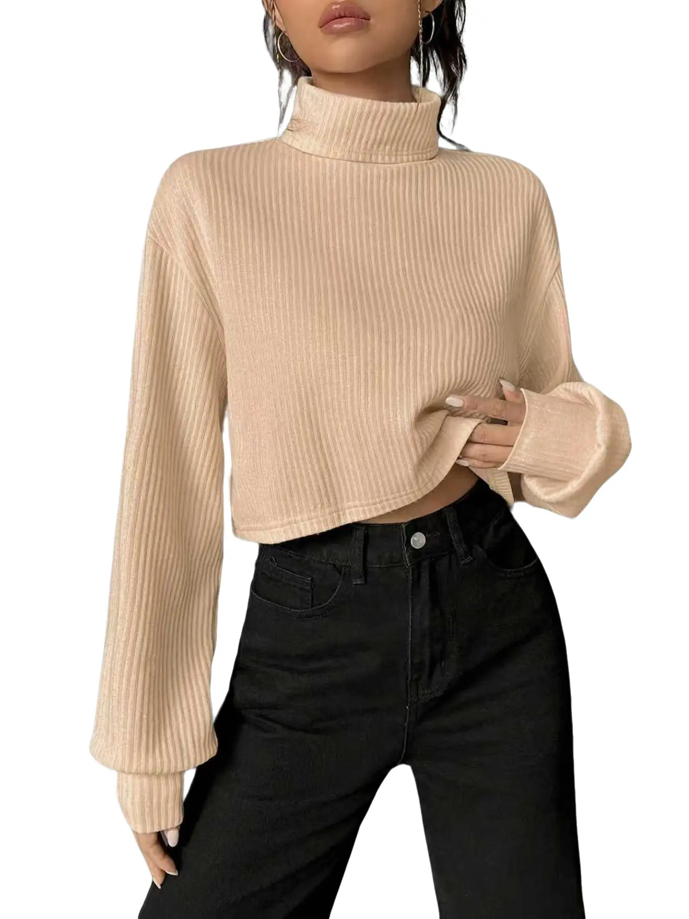 Women's High Neck Ribbed Short Knit Sweater, Versatile Slimming Fit, Elegant Fall & Winter Fashion, Plain Pattern, Fitted Style