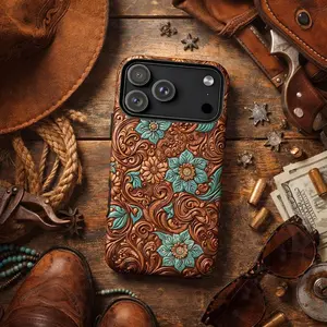 2D PRINT Western Tooled Leather Phone Case, Turquoise Floral Cowgirl iPhone 17 16 15 14 Case, Vintage Western Rustic Boho Rodeo Cowgirl Gift