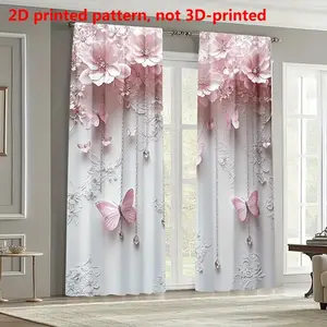 Butterfly Floral Print Curtains, Half-Transparent Polyester Material, Fashionable Rod Pocket Window Drapes for Bedroom and Living Room, Home Decoration Curtain