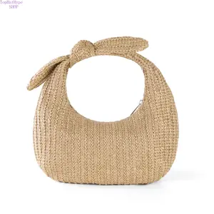 2026 Summer Vacation Style Bowknot Straw Woven Handbag for Women, Elegant Crescent Clutch Purse, Lightweight Breathable Handmade Beach Bag, Chic Versatile Design Perfect for Beach Trips, Vacation, Travel, Shopping, Dating and Casual Summer Outfits