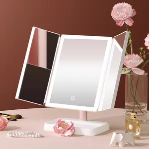 [Makeup Mirror with Natura! LEDLights] Lighted Trifold Vanity Mirrorwith 2X& 3X Magnifications-40Dimmable Lights, Touch Screen,Cosmetic Stand -(White)