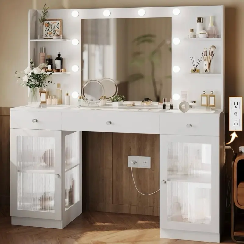 Modern White Makeup Vanity Desk with Mirror, Adjustable Lights