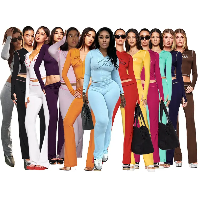 Women RED SERPENTINE Letter Embroidered Zip Up Crop Hoodie & Flare Pants 2 Piece Tracksuit, Slim Fit Long Sleeve Matching Loungewear Set