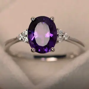 Vintage Style Glam Purple Cubic Zirconia Ring with Oval Cut Stone and Diamond Accents for Women size 8