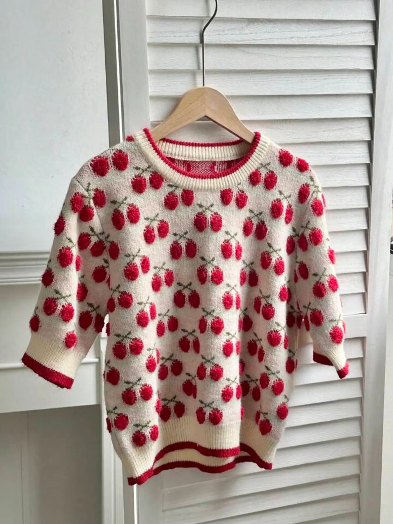 New Summer Autumn Women's Cherry Pattern Knit Sweater, Cute Fun Daily Commute Casual Elegant Top, Short Sleeve Round Neck Pullover Knitwear