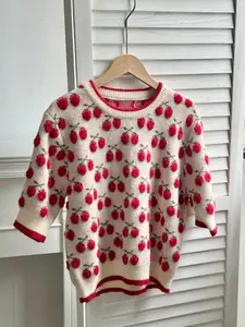 New Summer Autumn Women's Cherry Pattern Knit Sweater, Cute Fun Daily Commute Casual Elegant Top, Short Sleeve Round Neck Pullover
