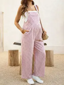 MaterniRIO Pregnant Women's Plaid Pocket Casual Versatile Daily Wear Bib Overall Wide Leg Pants