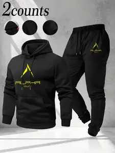 Men's Cross & "ALPHA" Gym 2 Piece Set: Hoodie & Jogger Tracksuit Screen Printed Graphic Apparel Soft Fleece Fabric Fitted Athletic Gym Clothes Workout Set Casual Urban Streetwear Trendy Alpha Style Comfortable Body-Hugging 2 Piece Outfit Sweatsuit Sets