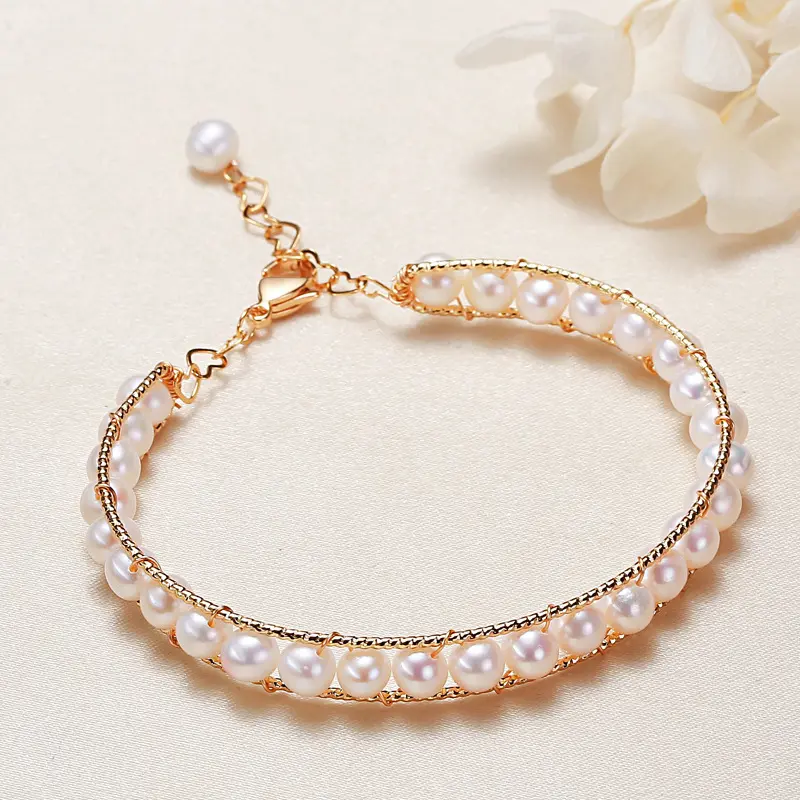 Classic Pearl Bangle – Elegant Fresh Water Pearl Beaded Hand Jewelry – Adjustable, Trendy Minimalist Gift for Her
