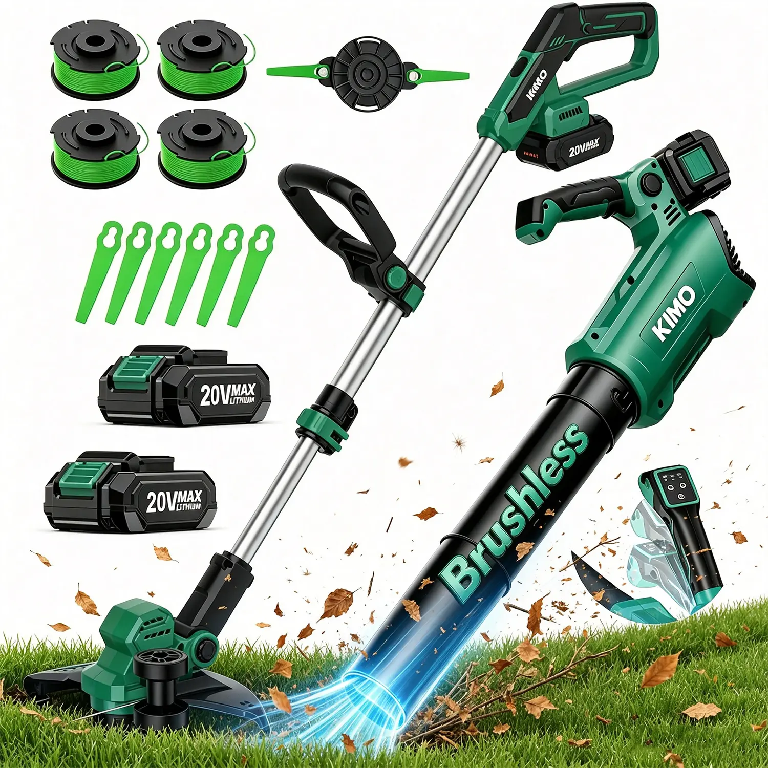 KIMO 20V Brushless Weed Wacker & Leaf Blower Combo Kit, 12" String Trimmer Edger with Auto Line Feed, Cordless Blower with 2  Batteries & Charger, Extra Spools & Metal Blades, Ideal for Lawn, Garden, Yard, Patio & Backyard Outdoor Work