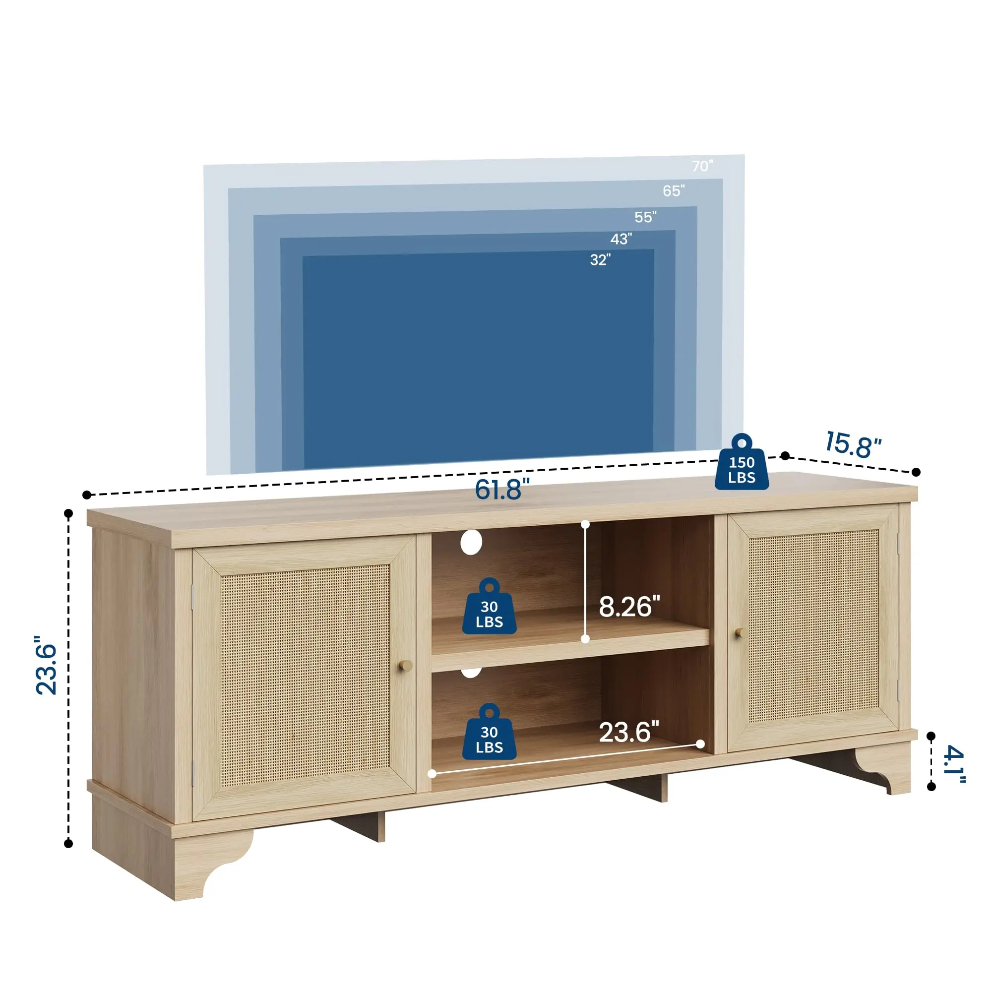 Garvee Rattan Media Console Table with Cabinets and Open Shelves, Fits TVs Up to 65 Inches, Farmhouse Style Entertainment Center for Living Room, Available in Oak, White, and Black