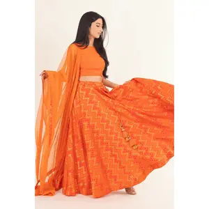 Juniper Orange Lehenga with Tie Back Blouse