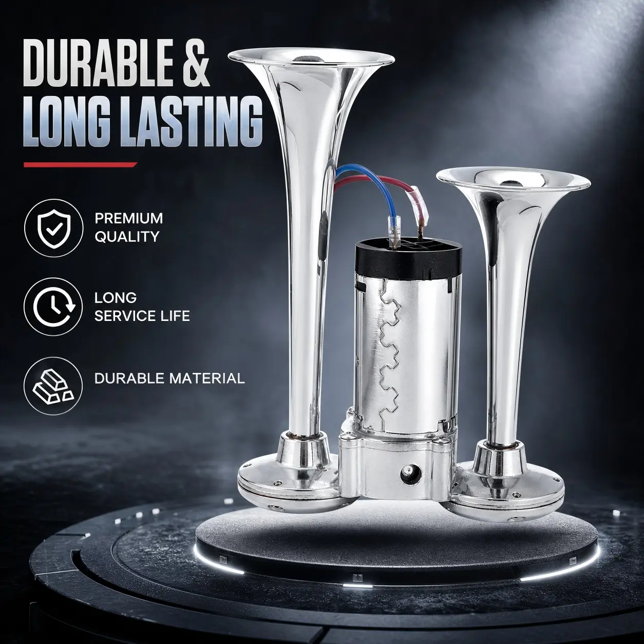 12V double-tube chrome-plated car horn, large volume double-tube electric horn, universal full-set gas horn kit for automobiles and motorcycles, and ultra-loud gas horn with air pump, screws and mounting bracket.