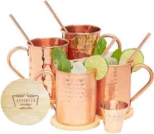 Advanced Mixology Classic Gift Set Moscow Mule Mugs Set of 4 (16oz) With 4 Straws 4 Wooden Coasters & 1 Shot Glass Drinkware Metal