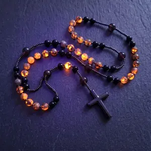 B Natural Obsidian Yooperlite Rosary UV Reactive Protection Hematite Stone Cross Pendant for her, for him necklace Fashionable Collarbone Chain elegant rhinestone gift sparkly Adjustable Heart Rate Couples Set Day woman party Daily Bible Verse daughter