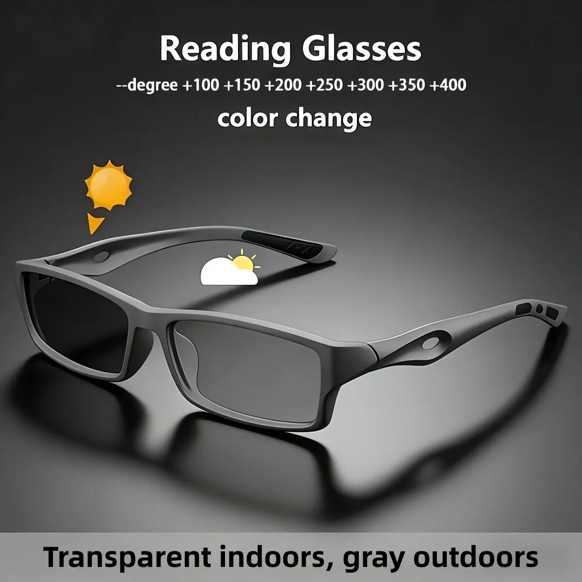 Photochromic Reading Glasses for Men Women, Lightweight Sport Frame Transition Reading Eyeglasses +100 to +400 Strength, UV Protection Transition Lens Clear Indoor Gray Outdoor