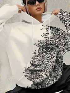 Artistic Face Print Knit Long Sleeve Hoodie Sweatshirt, Trendy Casual Daily Wear, Stylish Graphic Fitted Pullover for Men & Women, Comfortable Streetwear, Casual Sporty Sweatshirt, Knitted Hoodie, Casual Fashion Sweatshirt