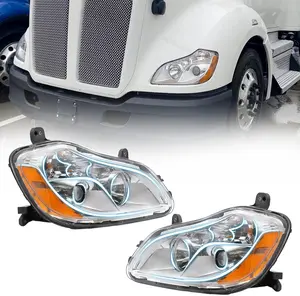 Headlight Fit for Kenworth T680 2013-2021, Halogen Headlamp Headlight Chrome House (Chrome, Left & right side)