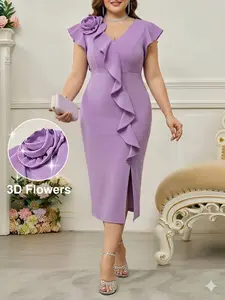 Slimming Bodycon Dress with 3D Floral Detail | Tummy-Hiding Midi Dress for Curvy Girls for Wedding Guests & Cocktail Parties