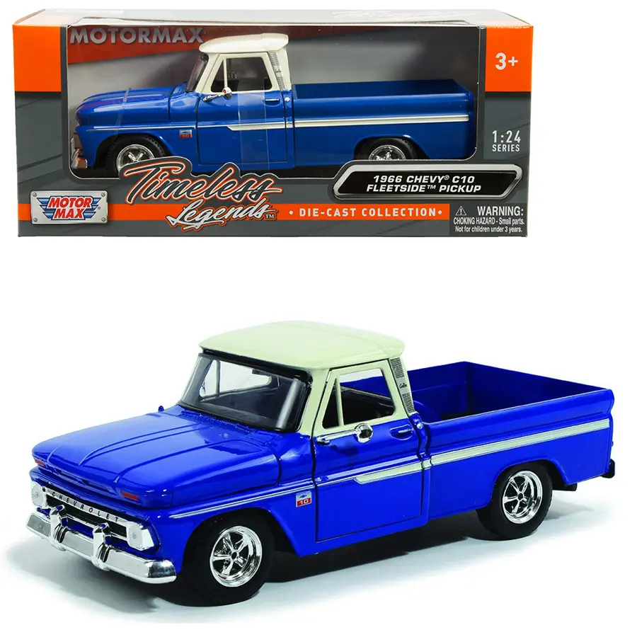 Motormax 1:24 1966 Chevrolet C10 Fleetside Pickup Blue with White Top Diecast Model Truck