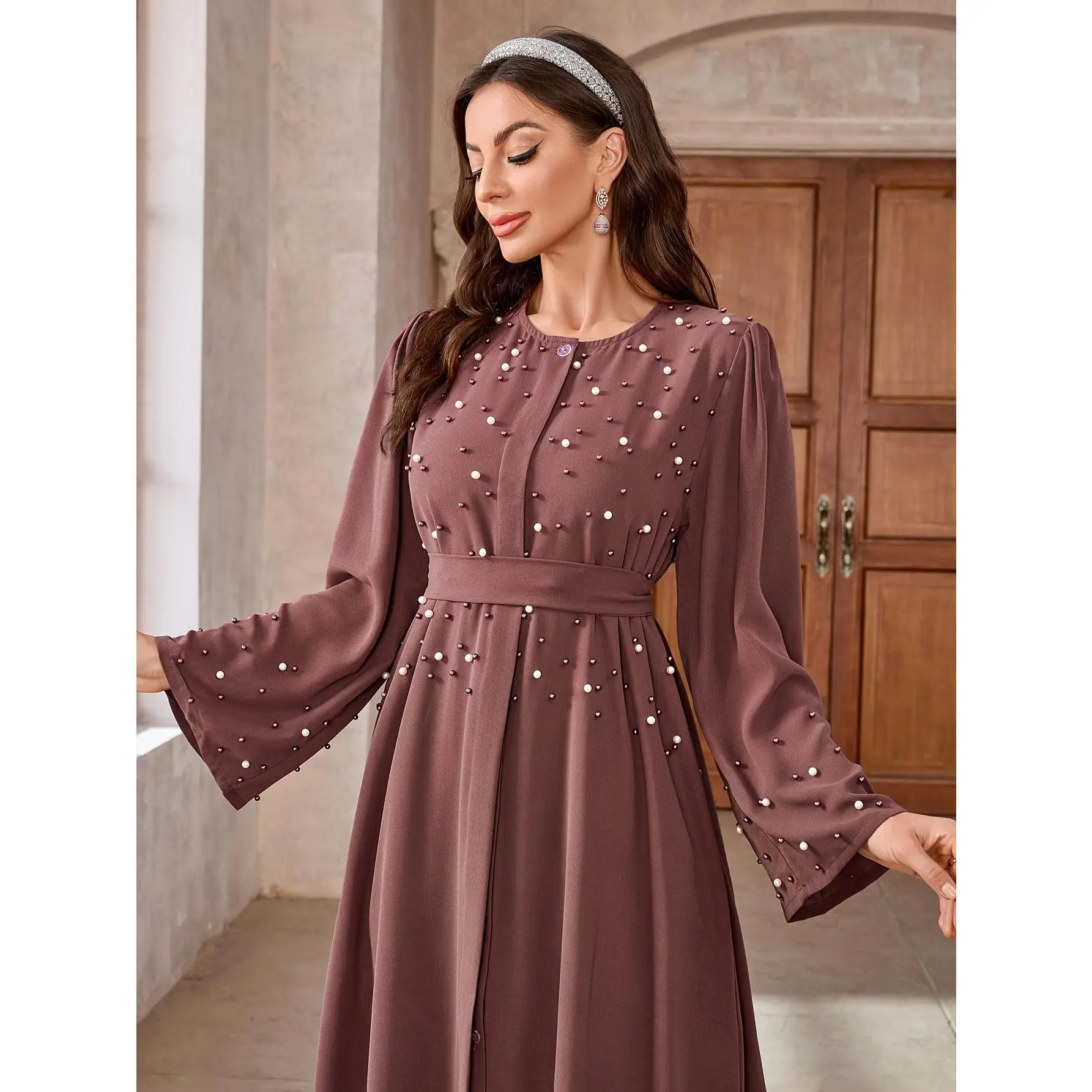 Women's Islamic Pearl-Embellished Plain Closed Abaya Dress, Solid-Color Belted Modest Woven Polyester Robe for Hijabi Fashion, Hand Wash Only, Pearls, Elegant, Closed Abaya Dresses, Solid Color Ease, Long Sleeves, Arab Style Dresses