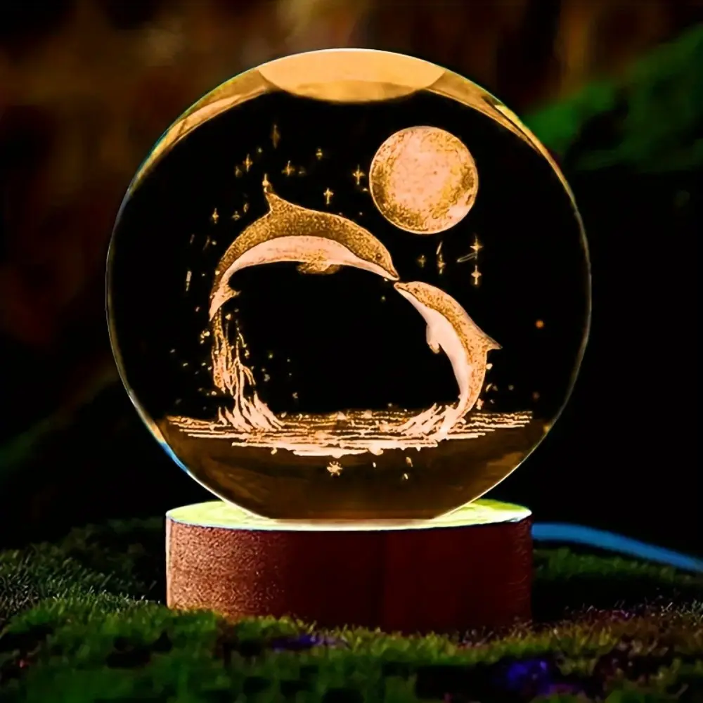 1pc Moon Dolphin 3D Crystal Ball LED Night Light with Colorful Wooden Base - USB-Powered Indoor Lighting, Living Room Glow Decor for Bedroom - Ideal Gift for Her (Birthdays, Valentine's)