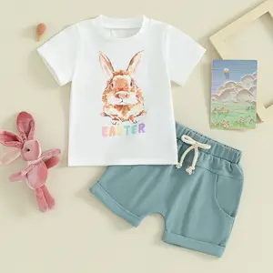 Toddler Baby Boy Easter Clothes Bunny/Carrot Print Short Sleeve T-Shirt with Shorts 2Pcs Casual Outfit