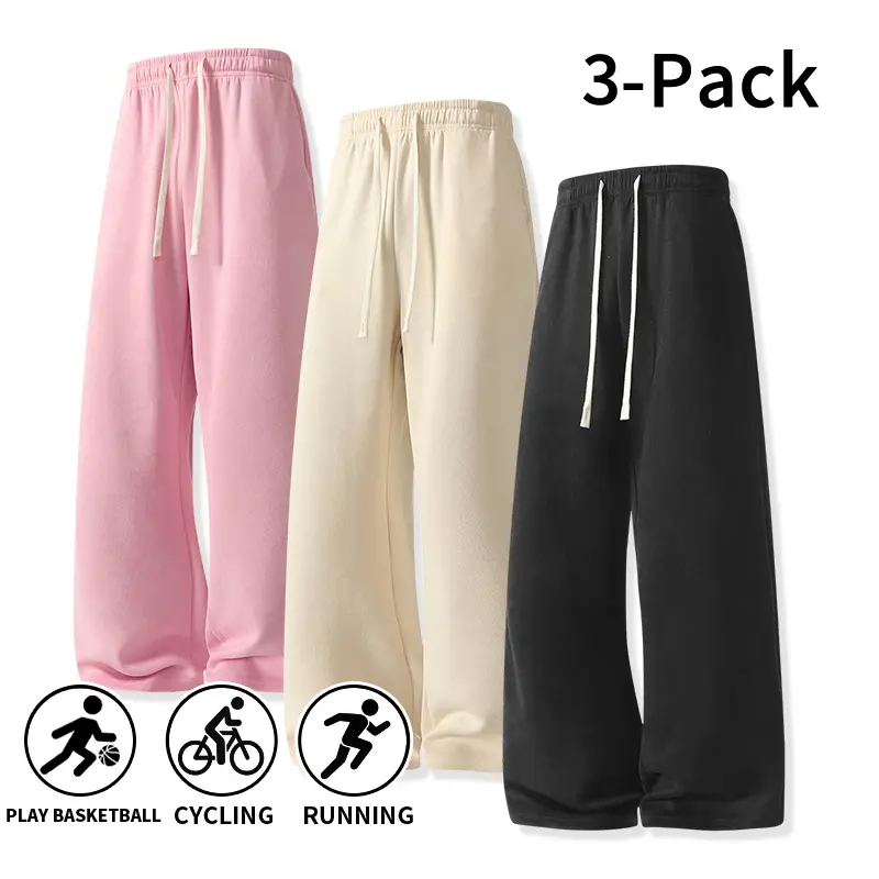Men’s loose, wide-leg sweatpants available in packs of three or single pieces; solid-color drawstring casual long pants, comfortable athletic sweatpants suitable for fitness, running, and street-style outfits Baggy