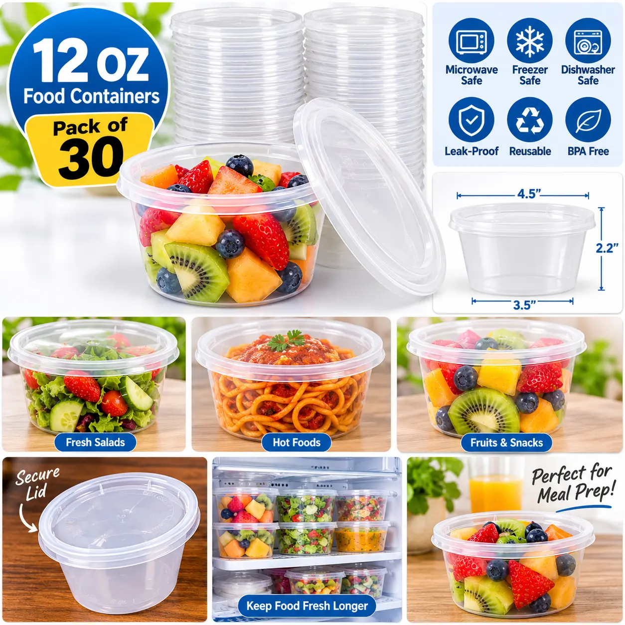 12 oz Plastic Deli Food Storage Containers with Lids – Pack of 30 | Round Microwavable Containers for Meal Prep, Takeout, Soup, Snacks & Hot or Cold Foods