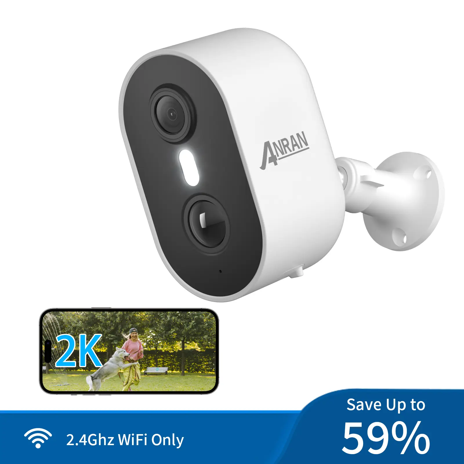 ANRAN 2K Battery Security Camera,Home Wireless Cameras,PIR Motion Detection,Support 2.4Ghz Wi-Fi,Two-Way Talk,Spotlight Siren Alarm,IP65 Waterproof,Ou