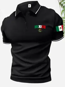 Men’s summer cotton short-sleeve polo shirt with Mexico flag theme, Mexico flag print, classic retro style, lightweight and versatile sports casual outdoor fashion golf apparel, trendy black short-sleeve design—an ideal gift for men or a brother.