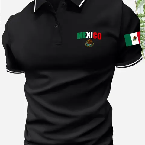Men’s summer cotton short-sleeve polo shirt with Mexico flag theme, Mexico flag print, classic retro style, lightweight and versatile sports casual outdoor fashion golf apparel, trendy black short-sleeve design—an ideal gift for men or a brother.
