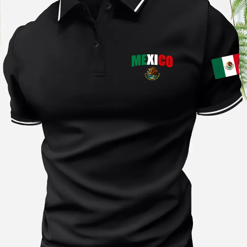 Men’s summer cotton short-sleeve polo shirt with Mexico flag theme, Mexico flag print, classic retro style, lightweight and versatile sports casual outdoor fashion golf apparel, trendy black short-sleeve design—an ideal gift for men or a brother.