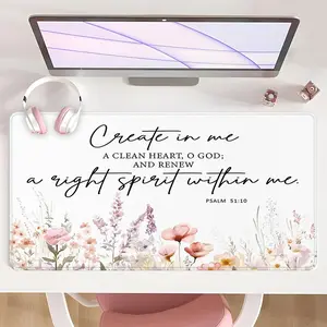 Gaming Mouse Pad Ultimate Floral Prayer Design Non-Slip MousePad For Desk With Rubber Base & Stitched Edge, Perfect For Home Office Gift With Bible Verse Psalm 51 10 And Pastel Colors, Corporate Work Desk Accessories