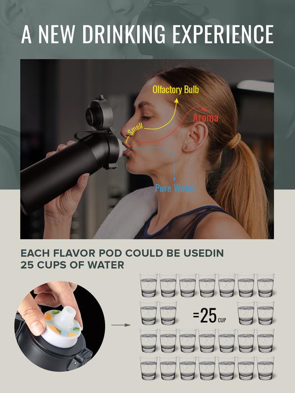 New Stainless steel Air Water Bottle,21Oz Water Bottle with Air Water Flavor Pods,Leak Proof Sports Water Cup with Straw,Fruit Smell Water Bottle for Outdoor Sports (Black + 3Pods)