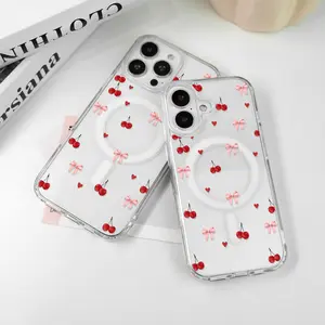 Soft Girl Cute Cherry Bow Magnetic for iPhone Samsung Galaxy Case iPhone 17Pro Max Air 16E 15Plus 14 13 12 11 XS S25 S24 S23 S22 A56 54 ZFlip ZFold Phone Cases, simplicity, personality, Protective Silicone Cover, Protection Durable, Shockproof Drop.WC66